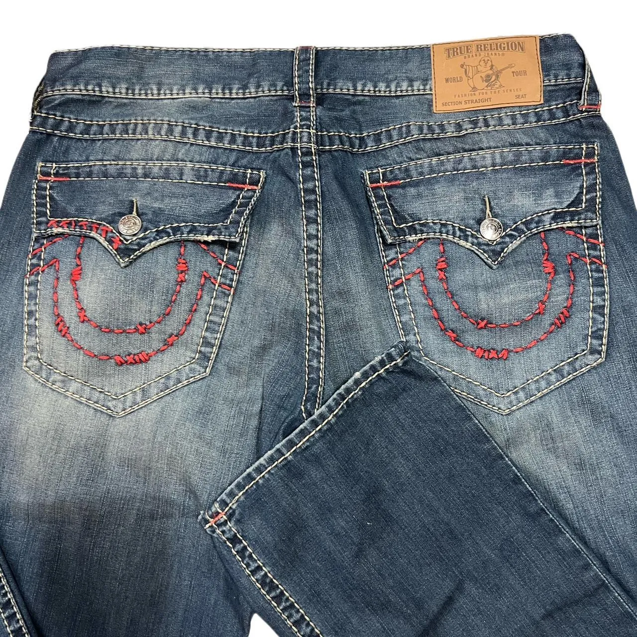 Rare Vintage True Religion Red & Cream Stiched Straight Jeans, photo 1 of 6
