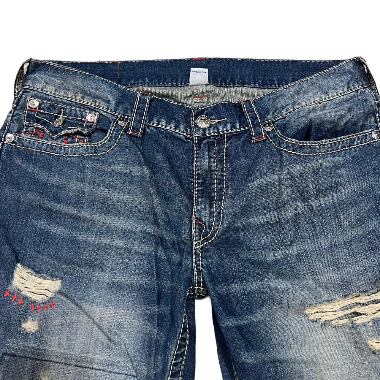 Rare Vintage True Religion Red & Cream Stiched Straight Jeans, photo 4 of 6