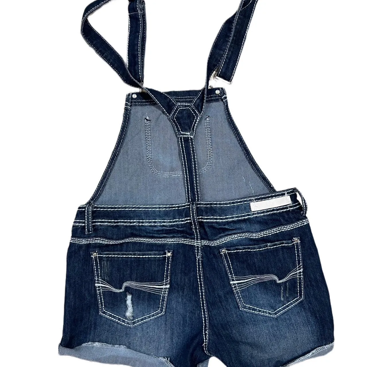 Almost Famous Dark Wash Distressed Overalls, photo 4 of 5