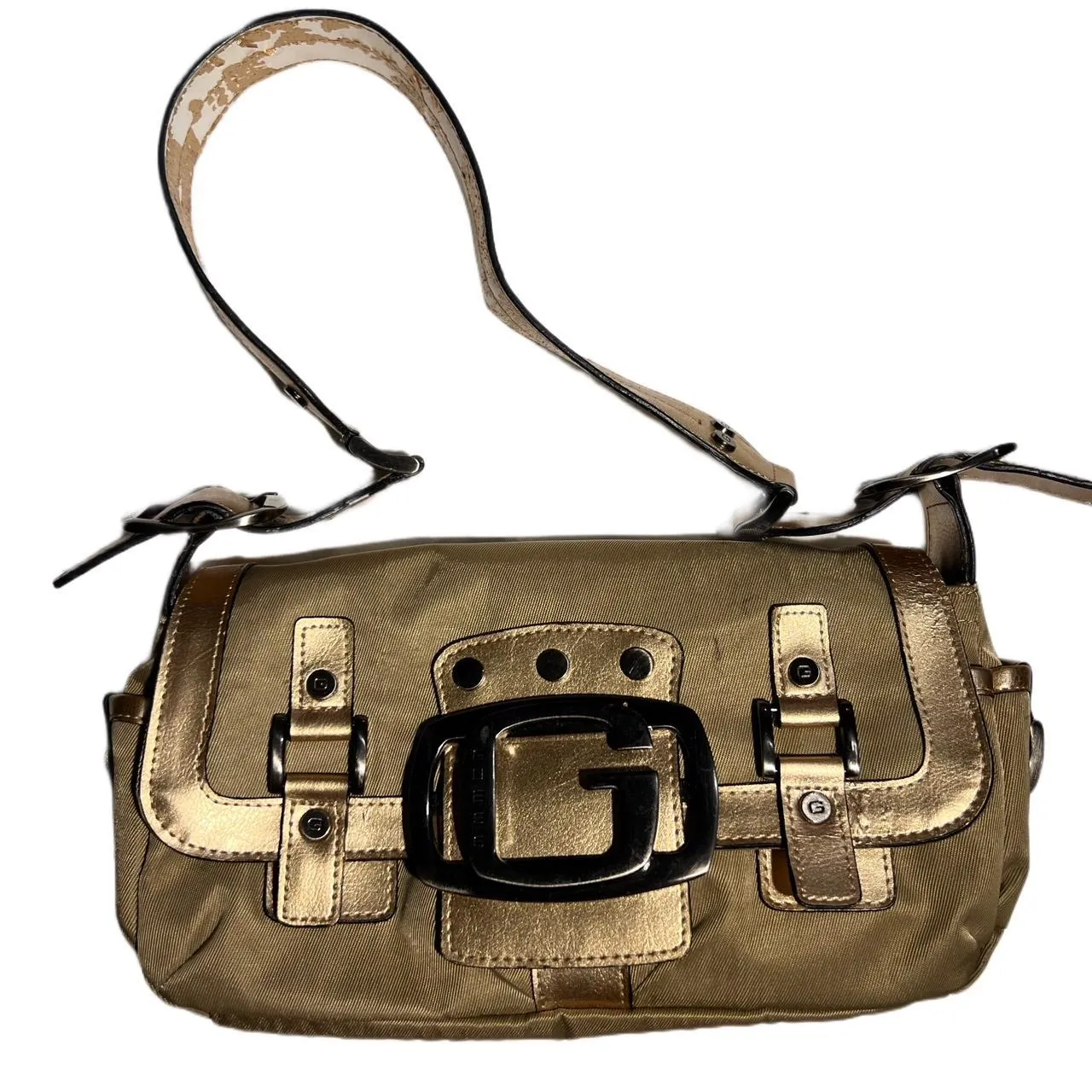 Vintage Y2K Guess Logo Buckle Metallic Khaki Purse, photo 2 of 8