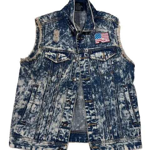 Southpole Blue Acid Wash Distressed Grunge USA Button Up Denim Vest