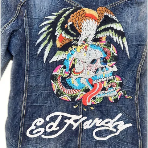 Vintage Ed Hardy by Christian Audigier Denim Jean Jacket with Embroidered Eagle Skull