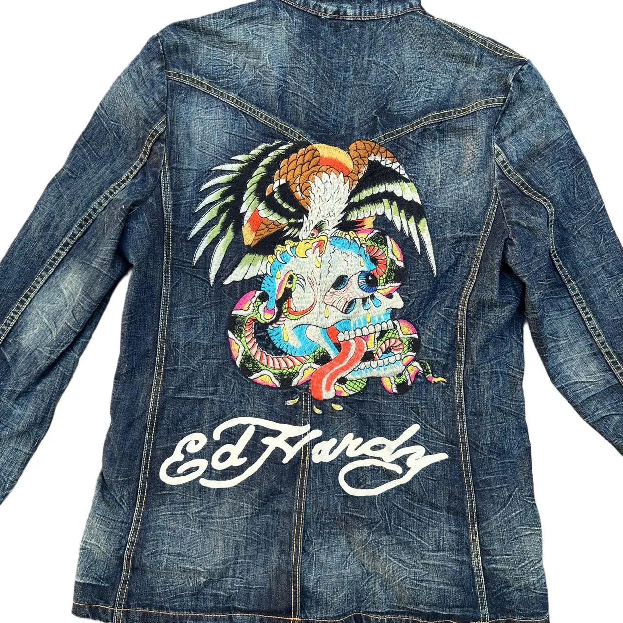 Vintage Ed Hardy by Christian Audigier Denim Jean Jacket with Embroidered Eagle Skull, photo 2 of 7