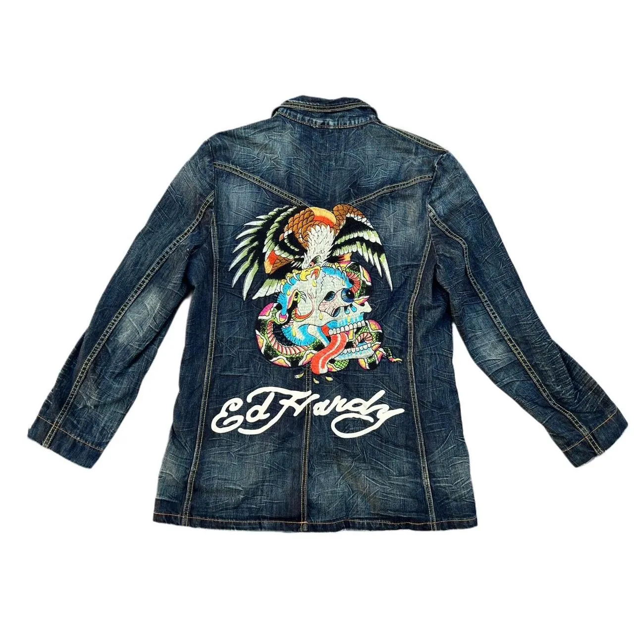 Vintage Ed Hardy by Christian Audigier Denim Jean Jacket with Embroidered Eagle Skull, photo 5 of 7