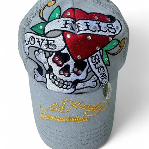 Vintage Y2K Ed Hardy Grey Skull Tracker Hat
