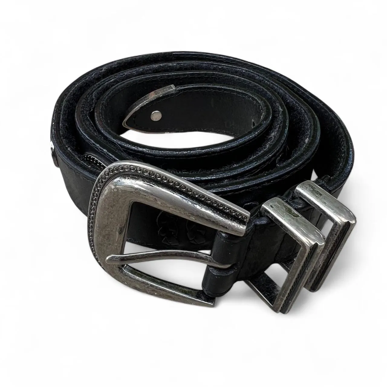 Vintage Black Leather Western Belt with Silver Hardware, photo 1 of 3