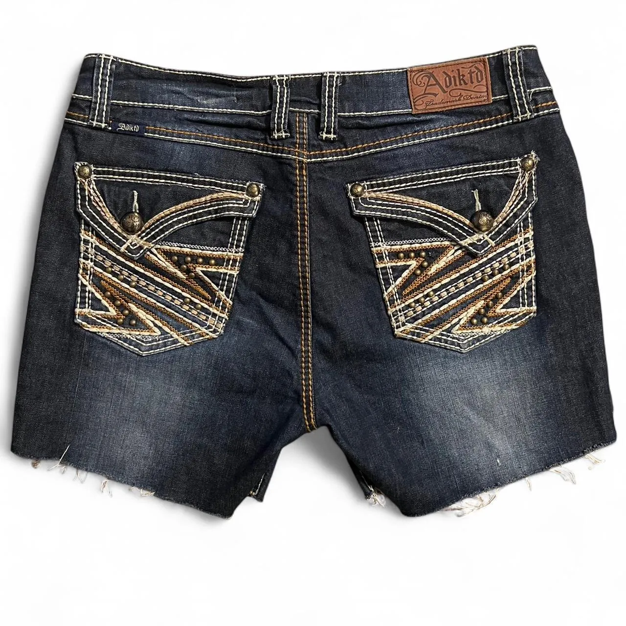 Adiktd Dark Wash Denim Embroidered Shorts, photo 1 of 6