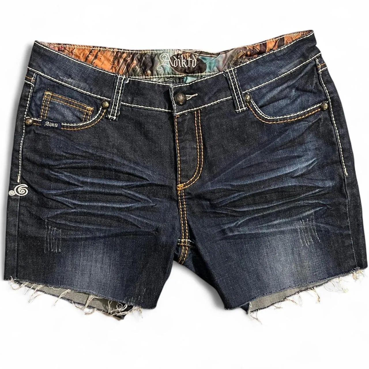 Adiktd Dark Wash Denim Embroidered Shorts, photo 3 of 6