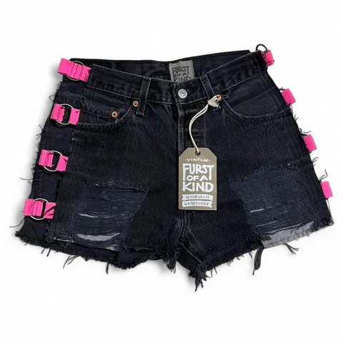 Vintage Furst of a Kind Black Denim Shorts with Pink Buckles