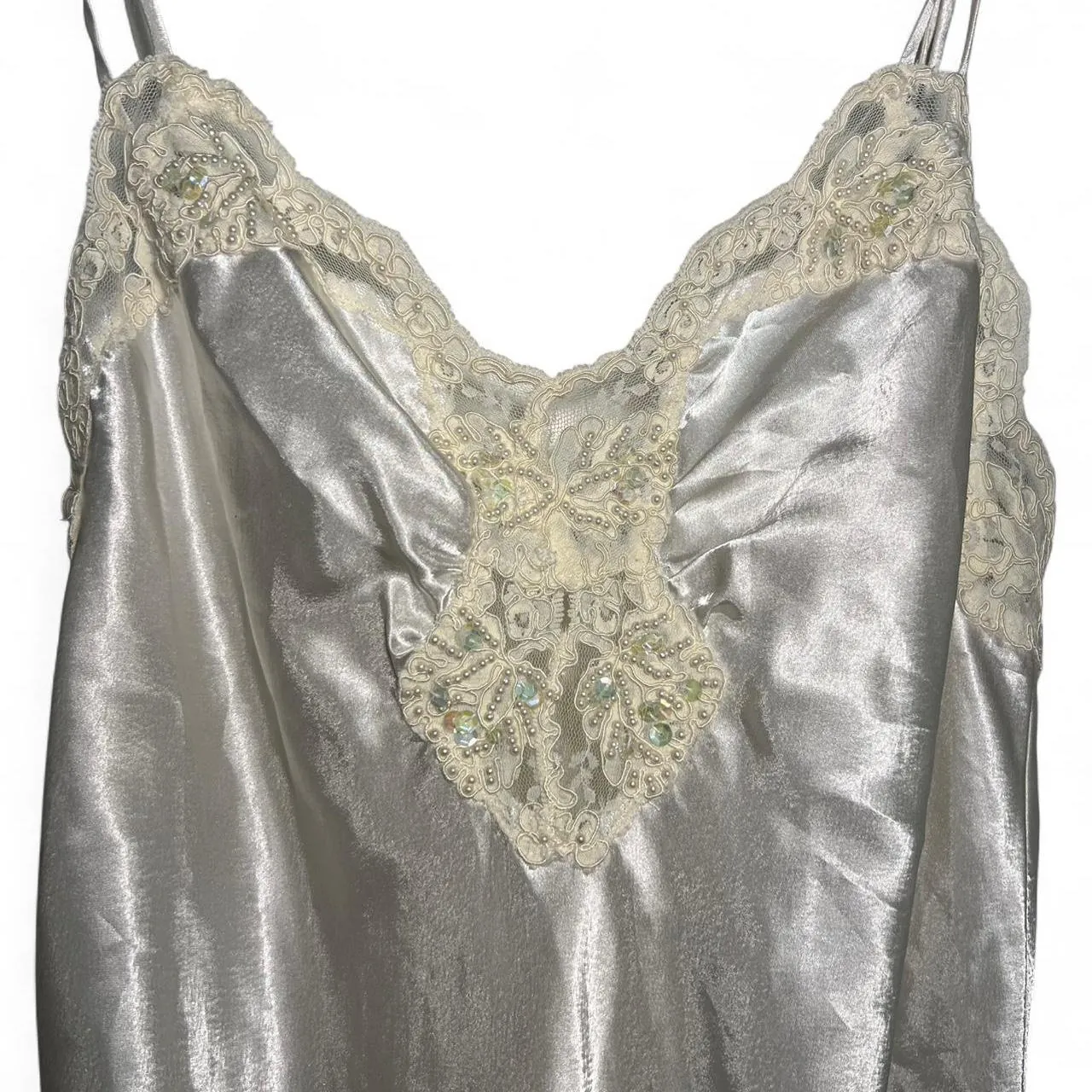 Rare Vintage Victoria’s Secret Gold Label Silver Satin Slip Dress with Lace & Pearl Details, photo 1 of 6