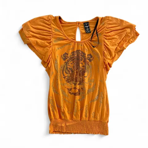 Vintage Y2K Coogi Orange Graphic Tiger Top with Rhinestones and Ruffle Sleeves
