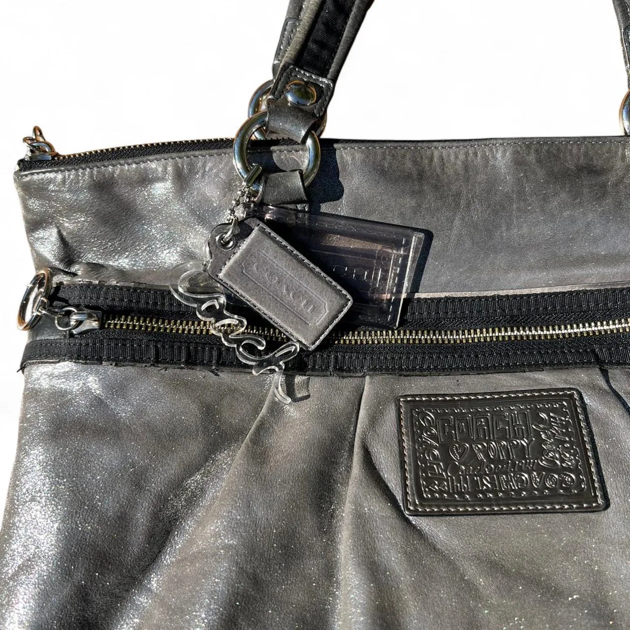 Vintage Coach Poppy Silver Metallic Leather Pleated Shoulder Tote Bag, photo 2 of 5
