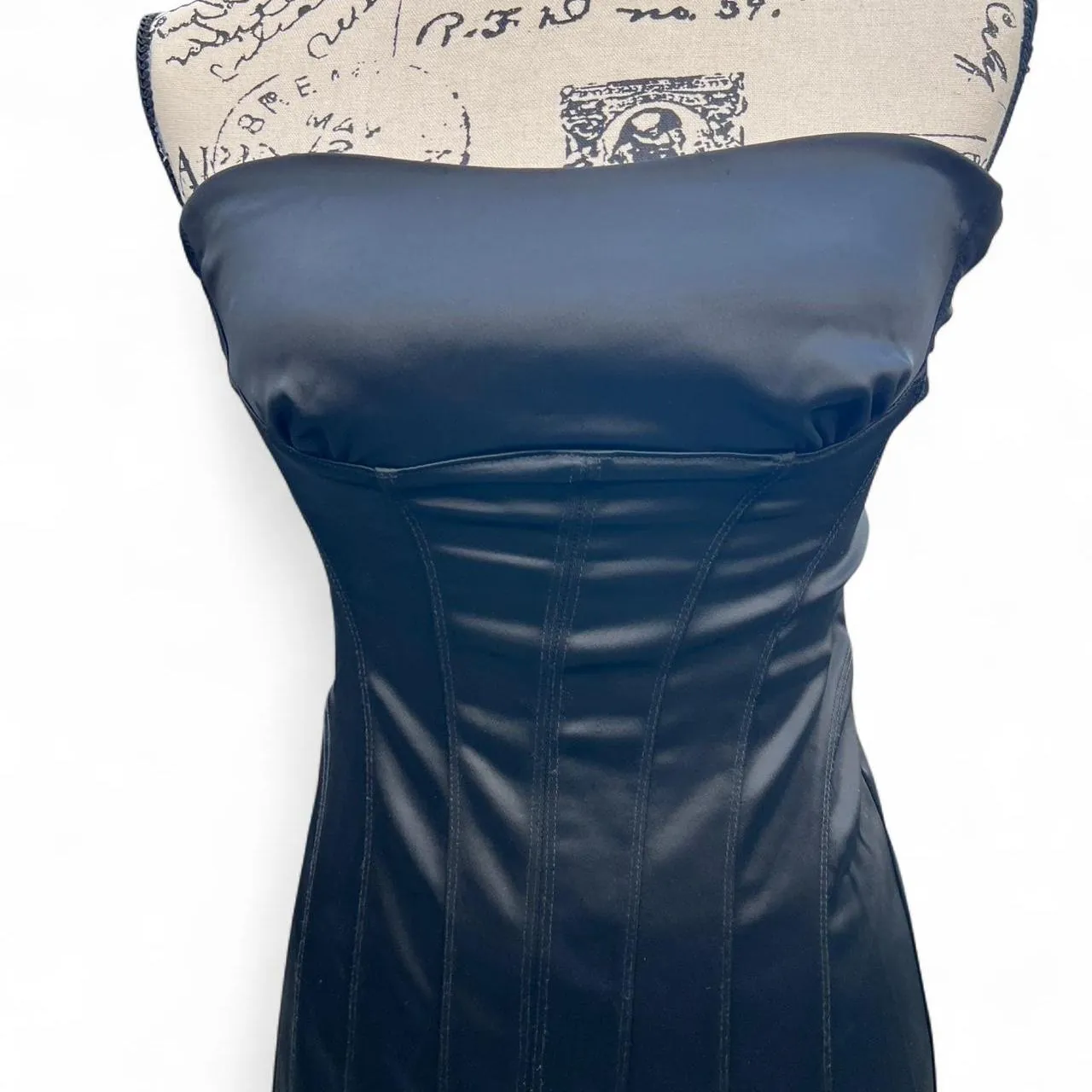Rare Vintage Bebe Black Satin Strapless Tube Dress with Hourglass Lining, photo 2 of 5