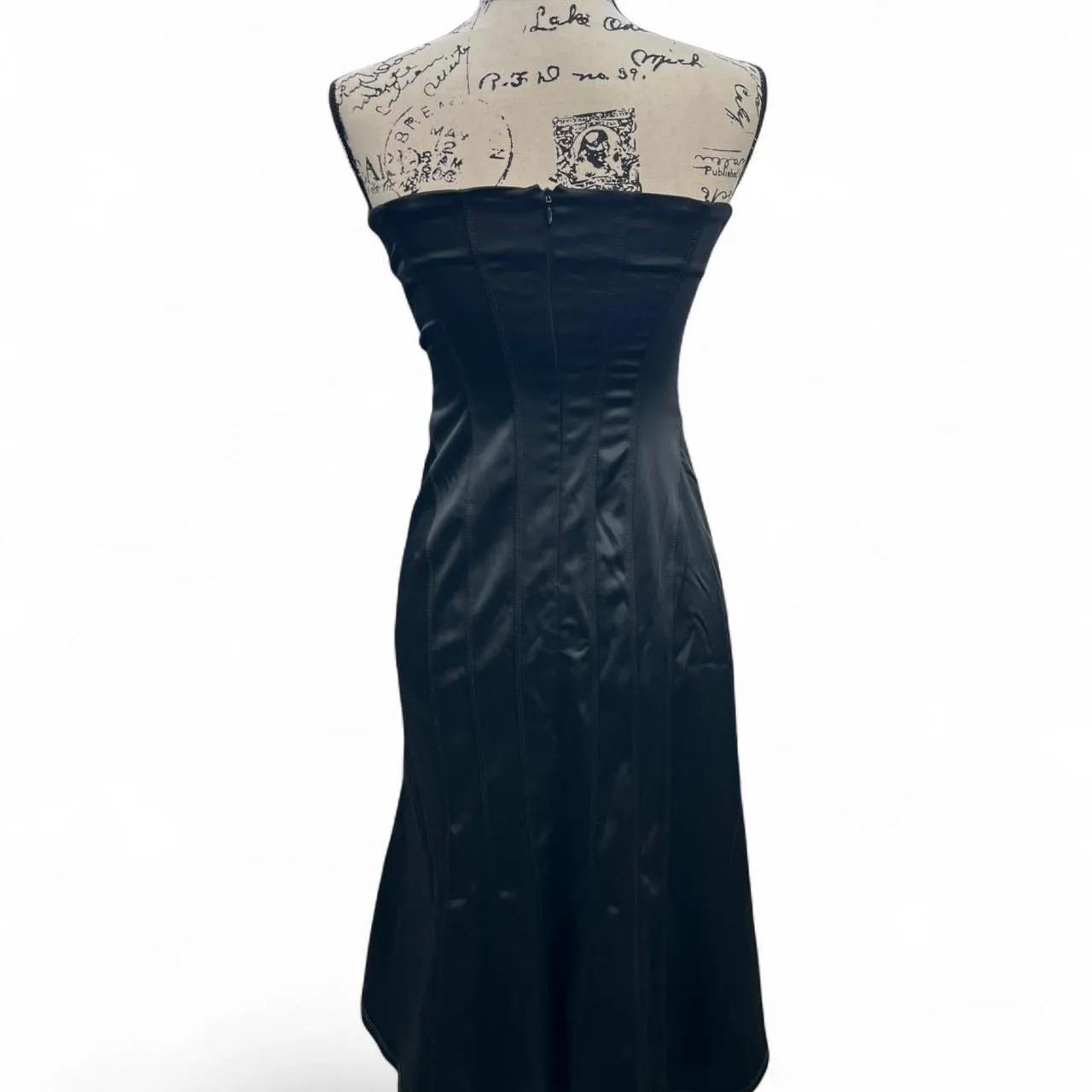 Rare Vintage Bebe Black Satin Strapless Tube Dress with Hourglass Lining, photo 3 of 5