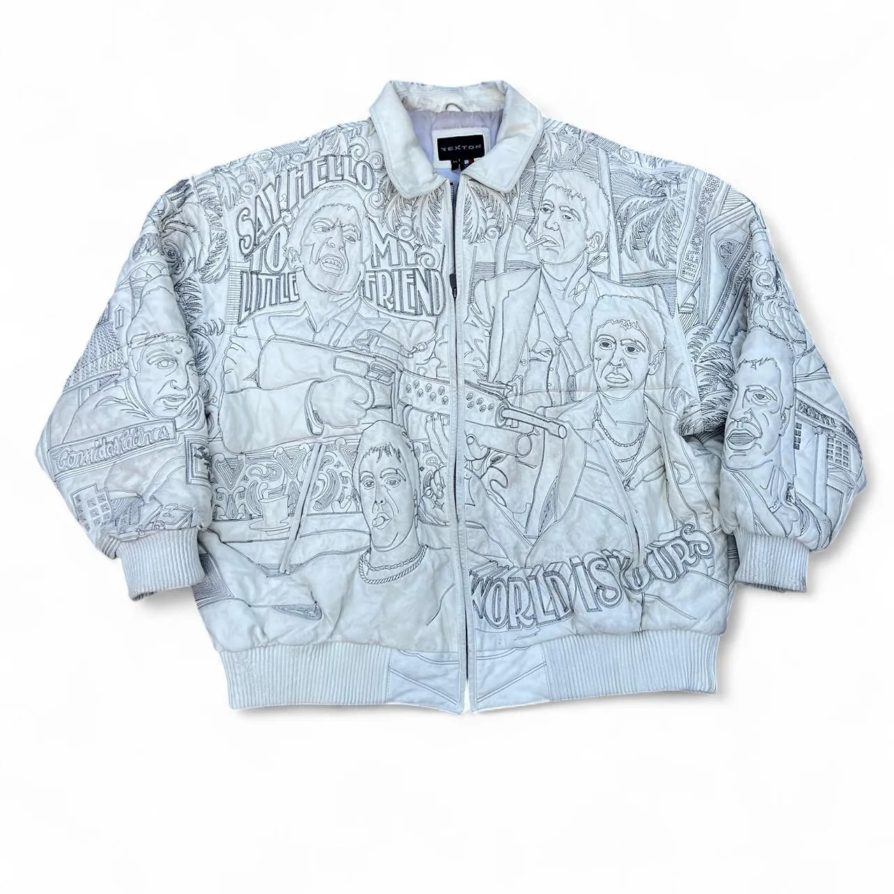 Rare Vintage Scarface Tony Montana White Leather Bomber Jacket, photo 1 of 6