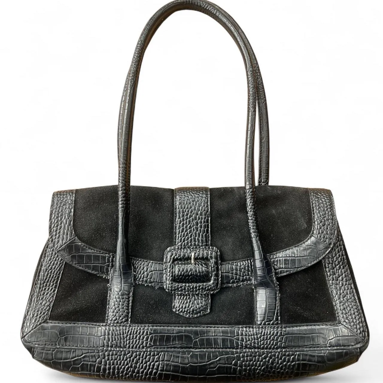 Rare Vintage Y2K Ann Taylor Black Faux Leather & Crocodile Print Shoulder Bag, photo 1 of 6
