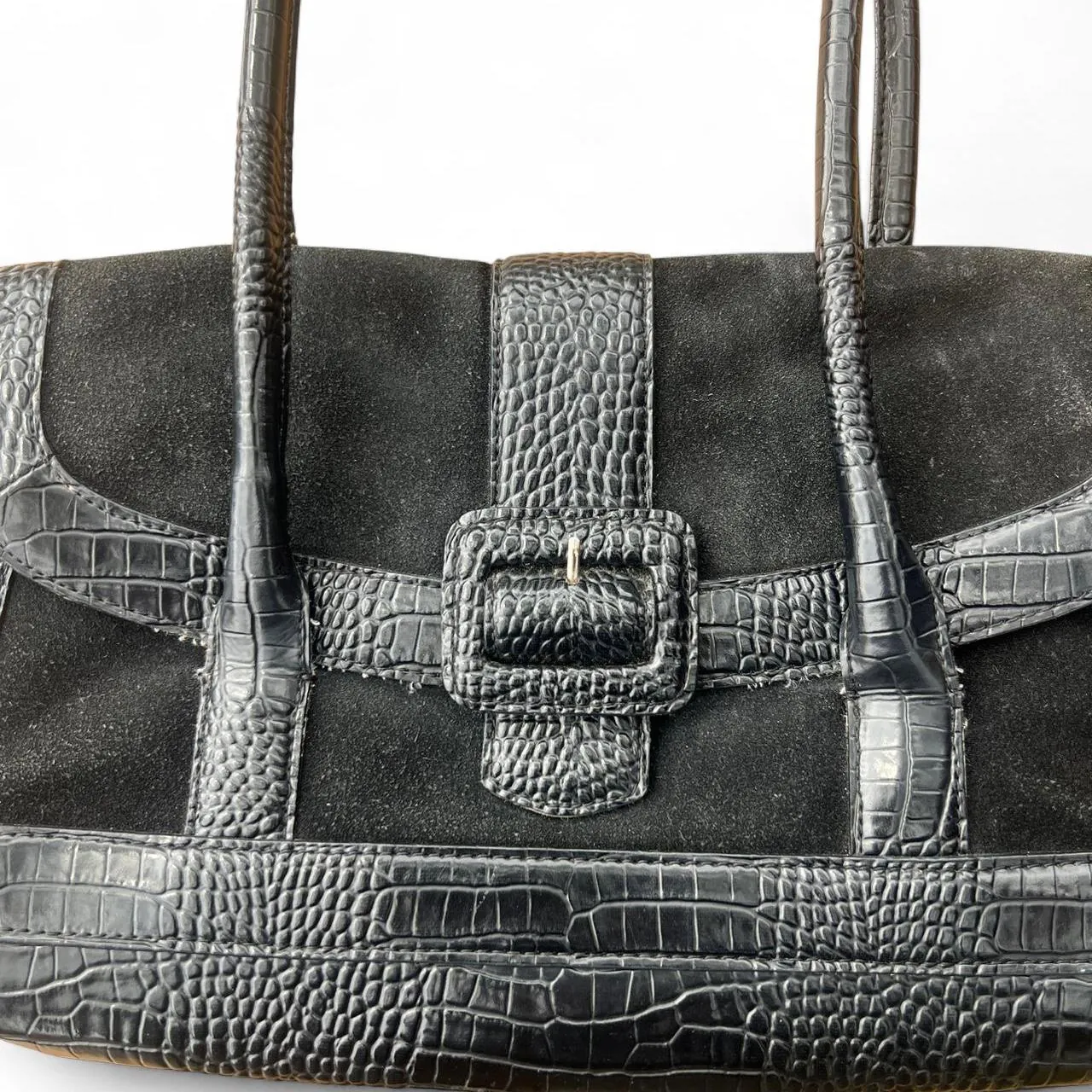 Rare Vintage Y2K Ann Taylor Black Faux Leather & Crocodile Print Shoulder Bag, photo 2 of 6