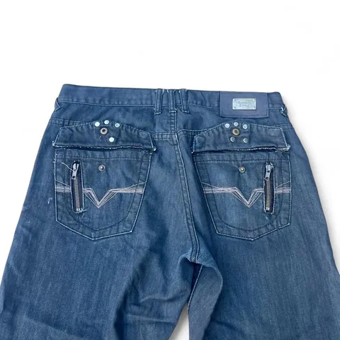 Vintage Reward Dark Wash Retro Denim Jeans with Silver Studs and Zippers