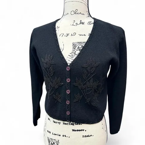 Vintage Karen Kane Black Beaded Merino Wool Cardigan Sweater