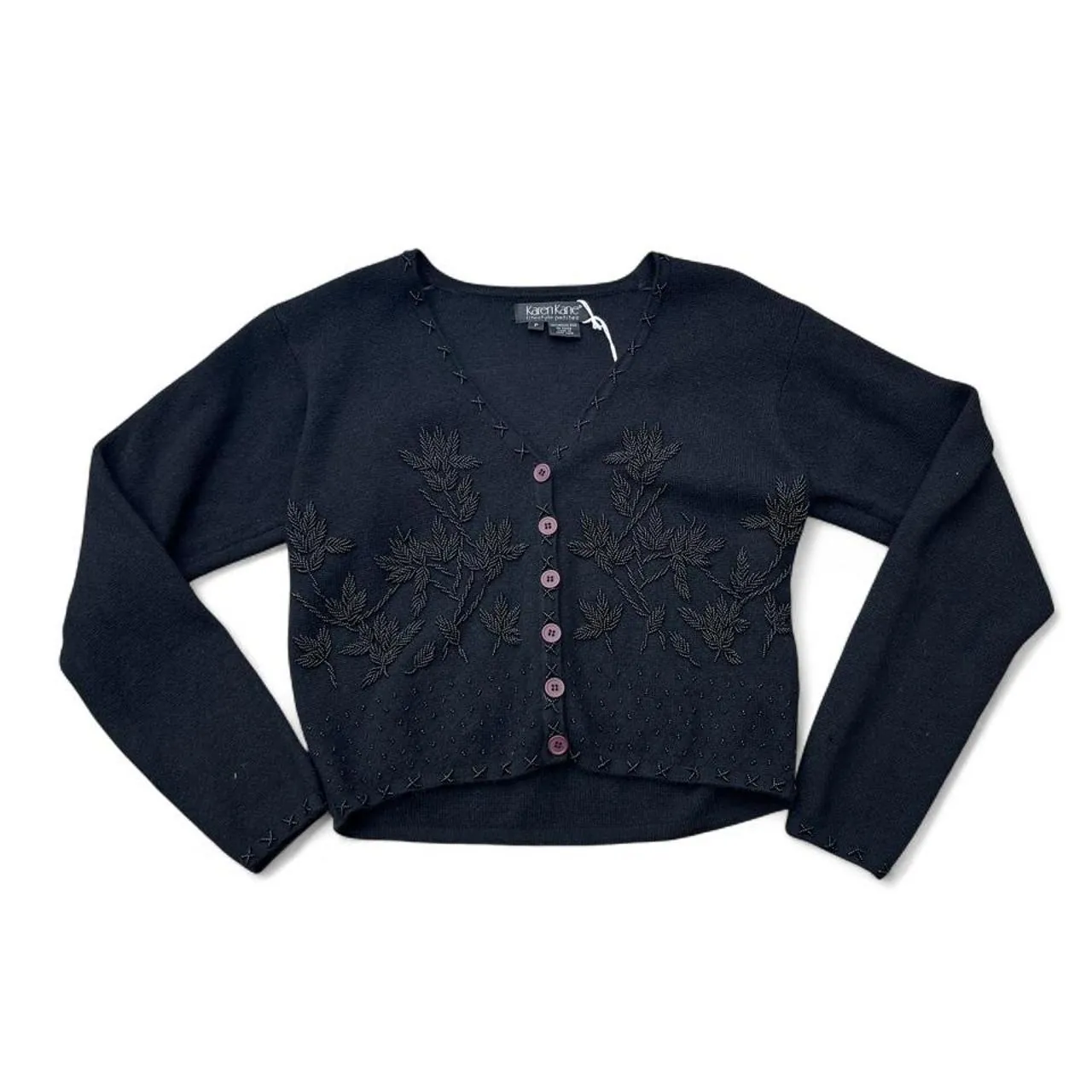 Vintage Karen Kane Black Beaded Merino Wool Cardigan Sweater, photo 2 of 7