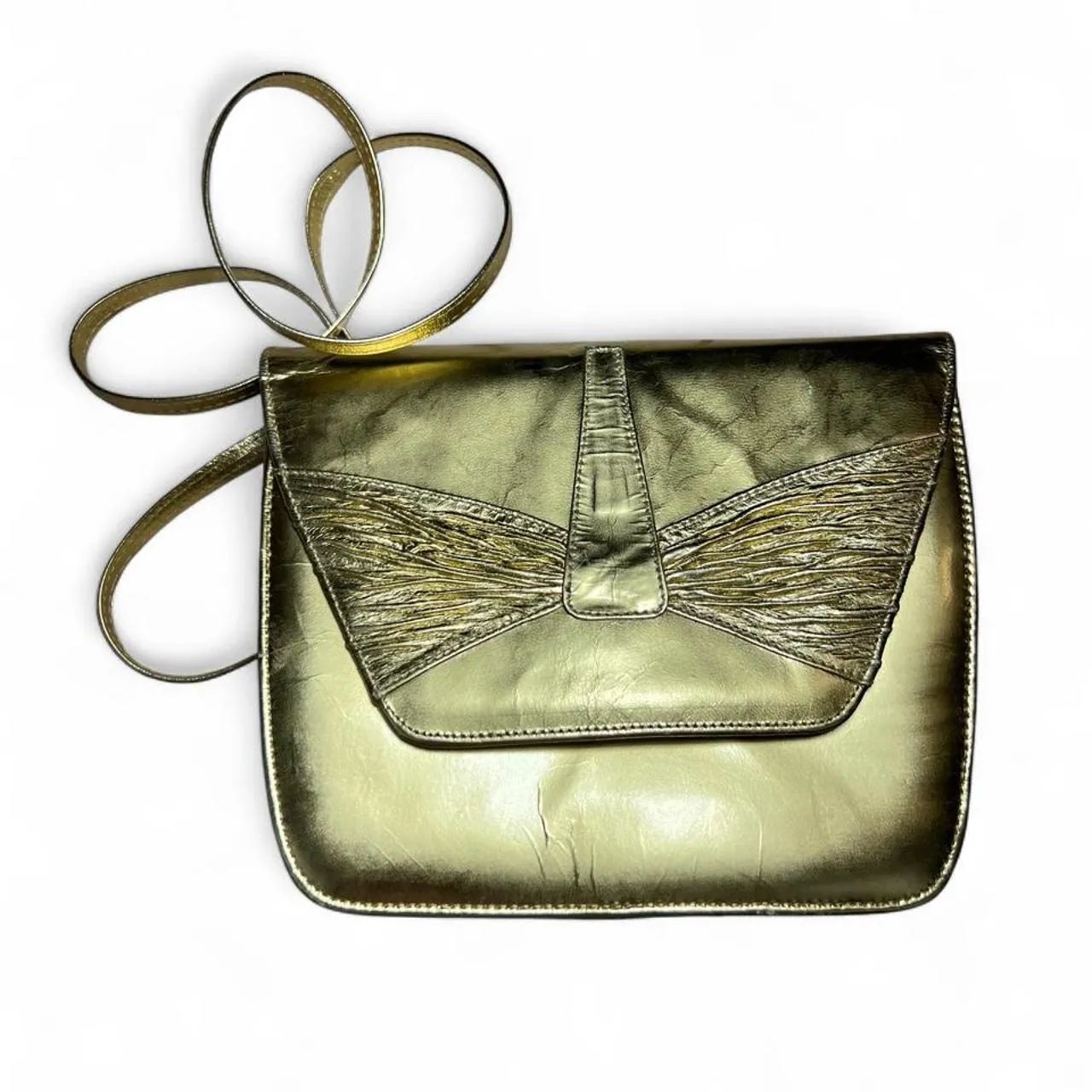 Vintage Amante Gold Metallic Crossbody Bag with Textured Butterfly Design, photo 1 of 4