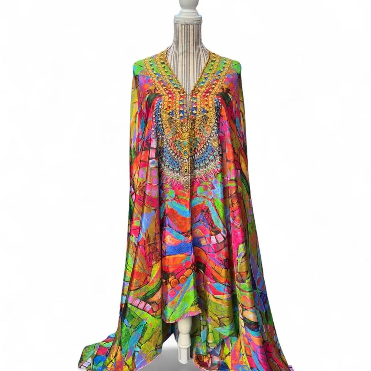 Ranee’s Beaded Symmetrical V-Neck Silk Boho Kaftan Dress, photo 1 of 6