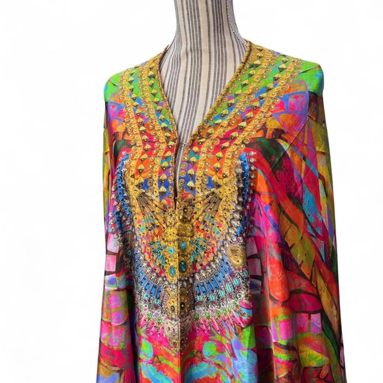 Ranee’s Beaded Symmetrical V-Neck Silk Boho Kaftan Dress, photo 2 of 6