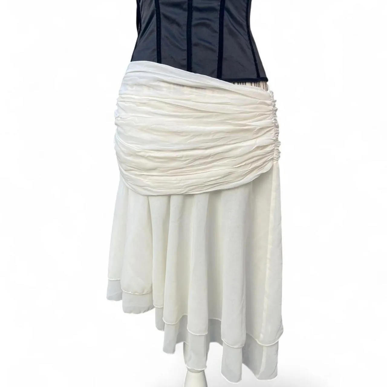 White Boho Ruched Asymmetrical Midi skirt with Layered Ruffles, photo 1 of 5