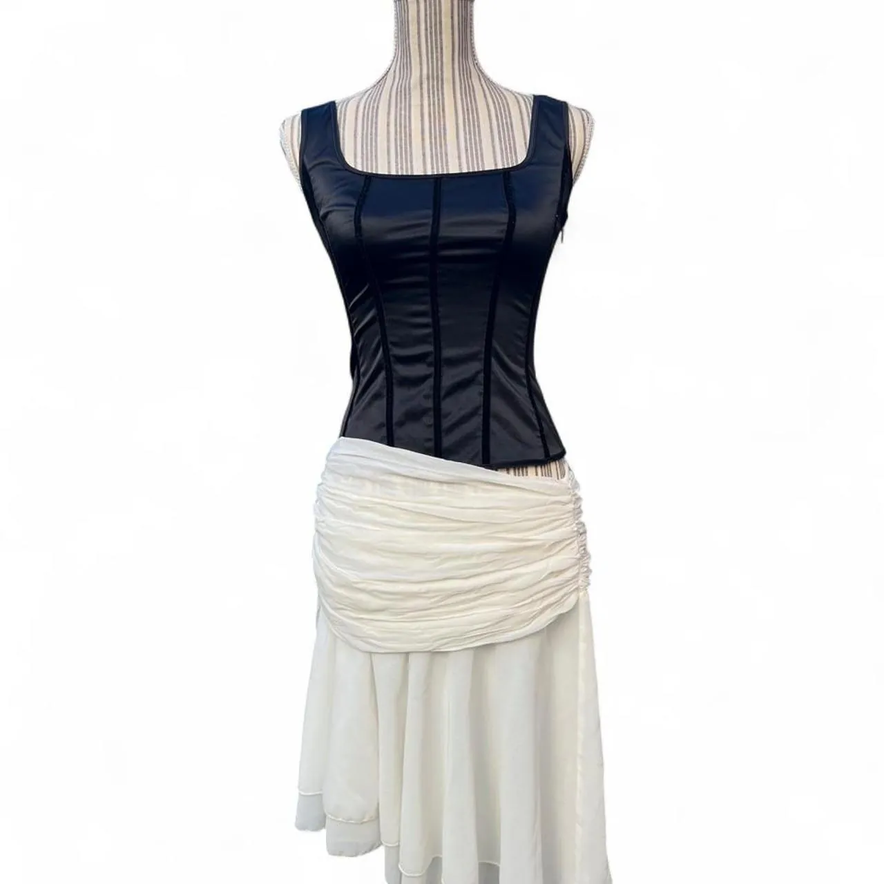 White Boho Ruched Asymmetrical Midi skirt with Layered Ruffles, photo 2 of 5