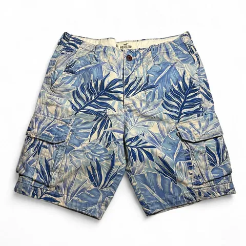 Hollister Co. Blue and White Tropical Palm Leaf Print Shorts