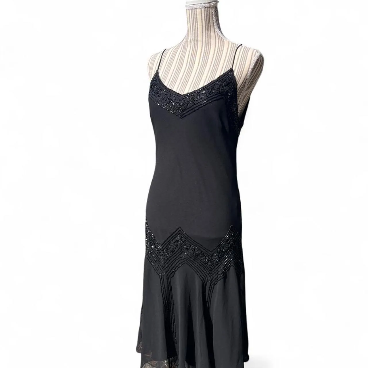Rare Vintage 80s Leslie Fay Black Beaded Maxi Formal Spaghetti Strap Evening Dress, photo 1 of 5