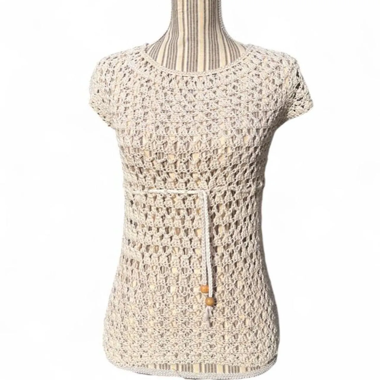 Vintage Handmade Cream Crochet top with Tie Waist and Wooden Beads, photo 1 of 5