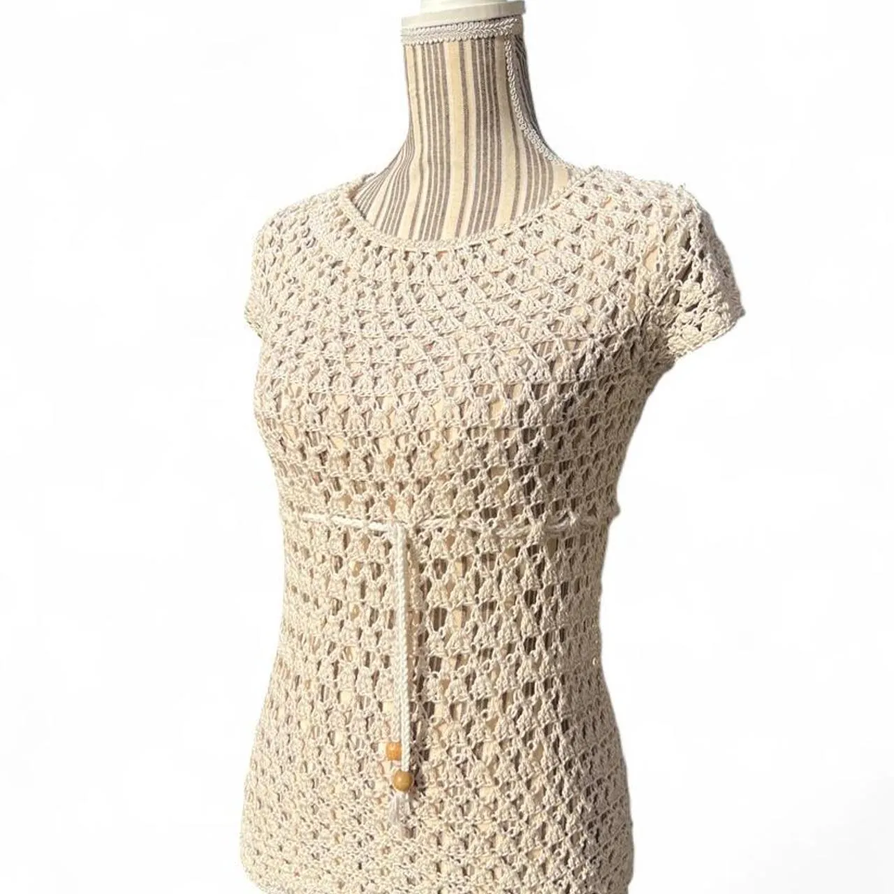Vintage Handmade Cream Crochet top with Tie Waist and Wooden Beads, photo 2 of 5