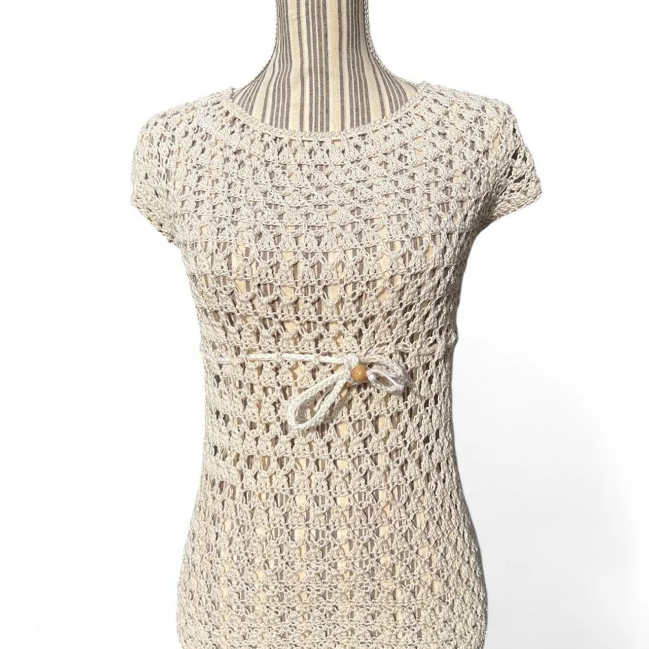 Vintage Handmade Cream Crochet top with Tie Waist and Wooden Beads, photo 3 of 5