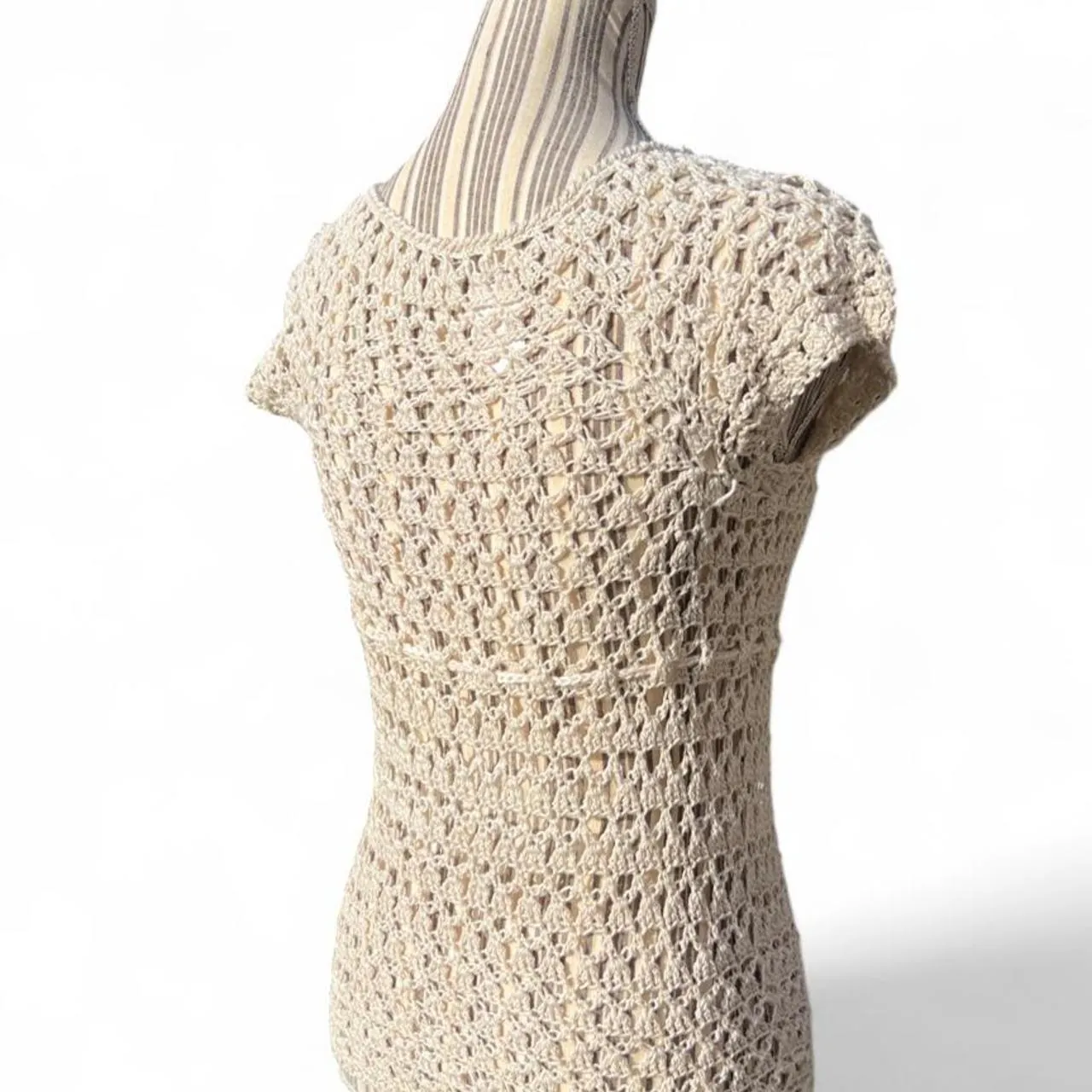 Vintage Handmade Cream Crochet top with Tie Waist and Wooden Beads, photo 5 of 5