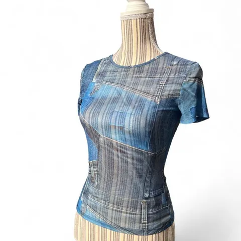 Miaou Sheer Blue Denim Printed Patchwork Mini Top