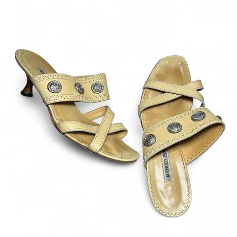 Rare Vintage Manolo Blahnik Leather Patterned Gladiator Kitten Heel Sandals with Silver Nubuck Medallion Coin Accents