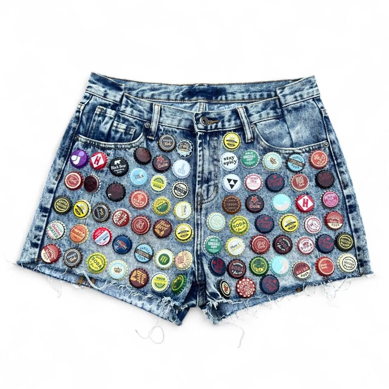 Blue Denim Shorts with Bottle Cap Embellishments, photo 1 of 6