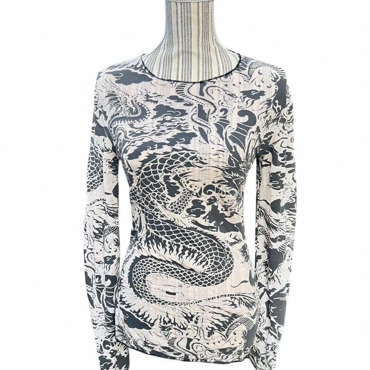 Rare Vintage Jean Paul Gaultier 1990s Dragon Print Soft Sheer Long Sleeve Top, photo 1 of 6