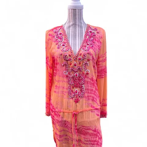 Blue Island Pink & Orange Tie-Dye Tunic Dress with Beaded Embellishments