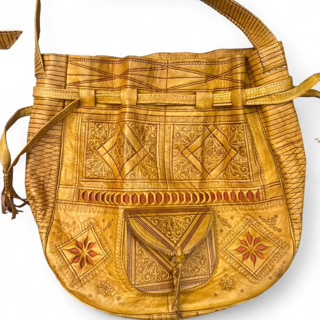 Handmade Moroccan Leather Shoulder/Crossbody Bag: Boho Crossbody Bucket Purse, photo 2 of 5