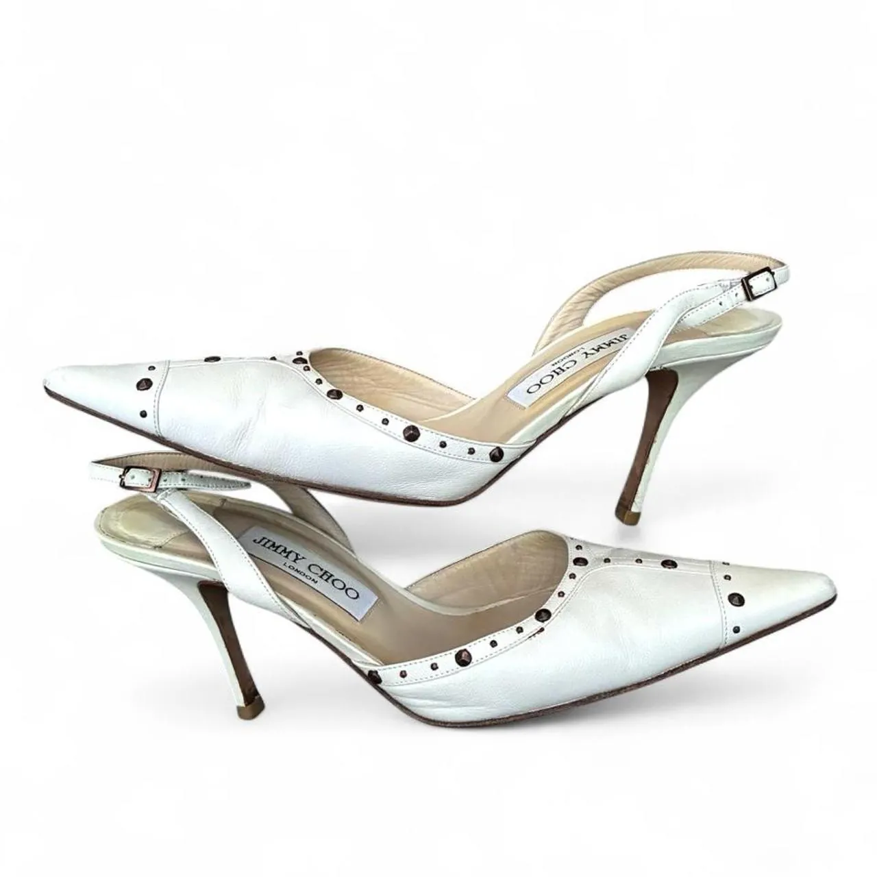 Vintage Jimmy Choo Studded White Leather Slingback Heels, photo 2 of 5