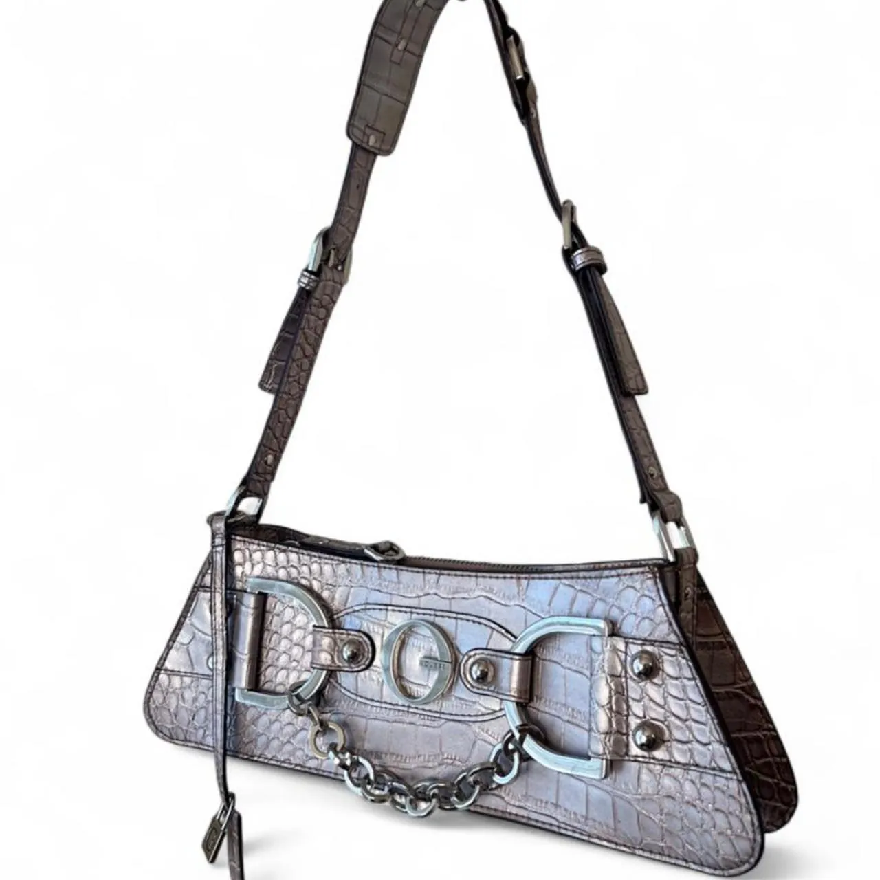 Vintage Y2K Guess Silver Croc-Embossed Leather Shoulder Bag, photo 2 of 7