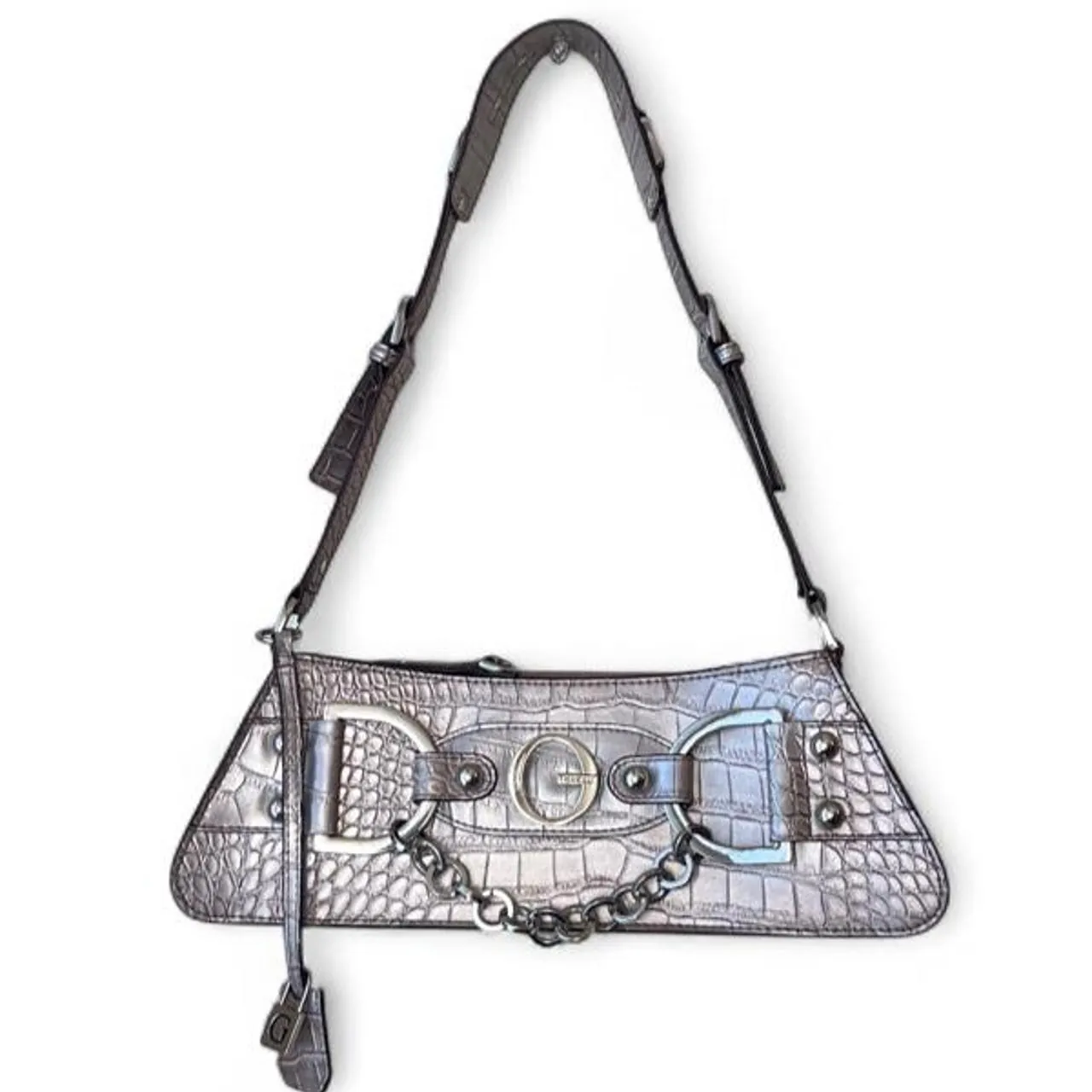 Vintage Y2K Guess Silver Croc-Embossed Leather Shoulder Bag, photo 3 of 7