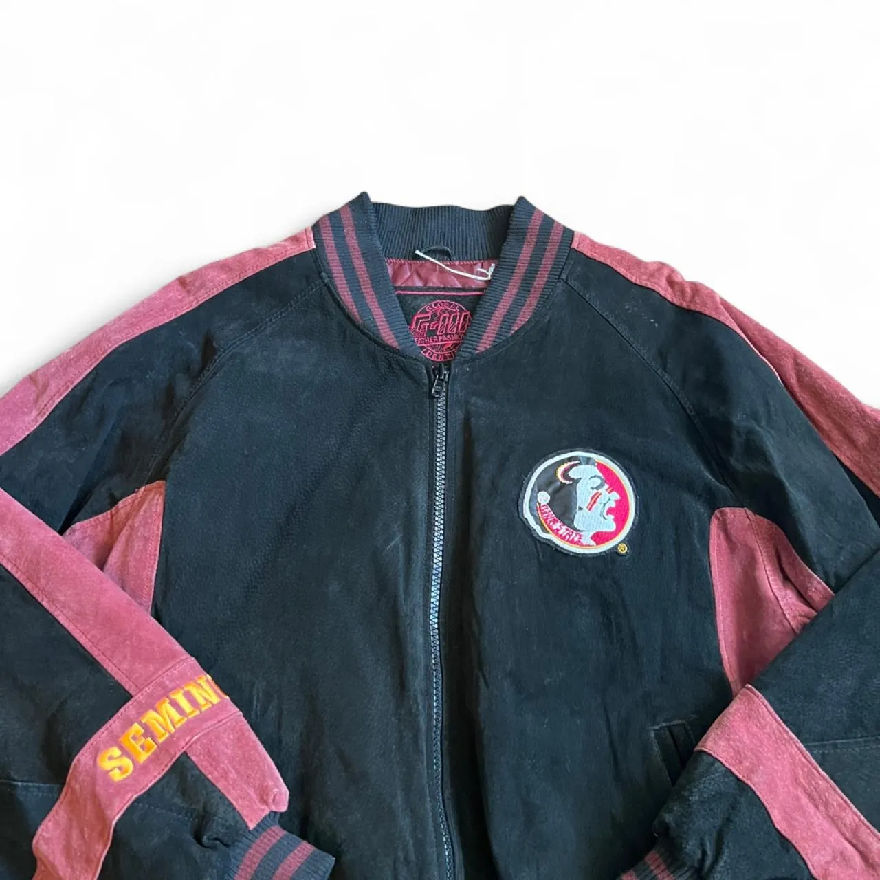 Vintage 90s Florida State Seminoles Embroidered Suede Bomber Jacket, photo 2 of 6