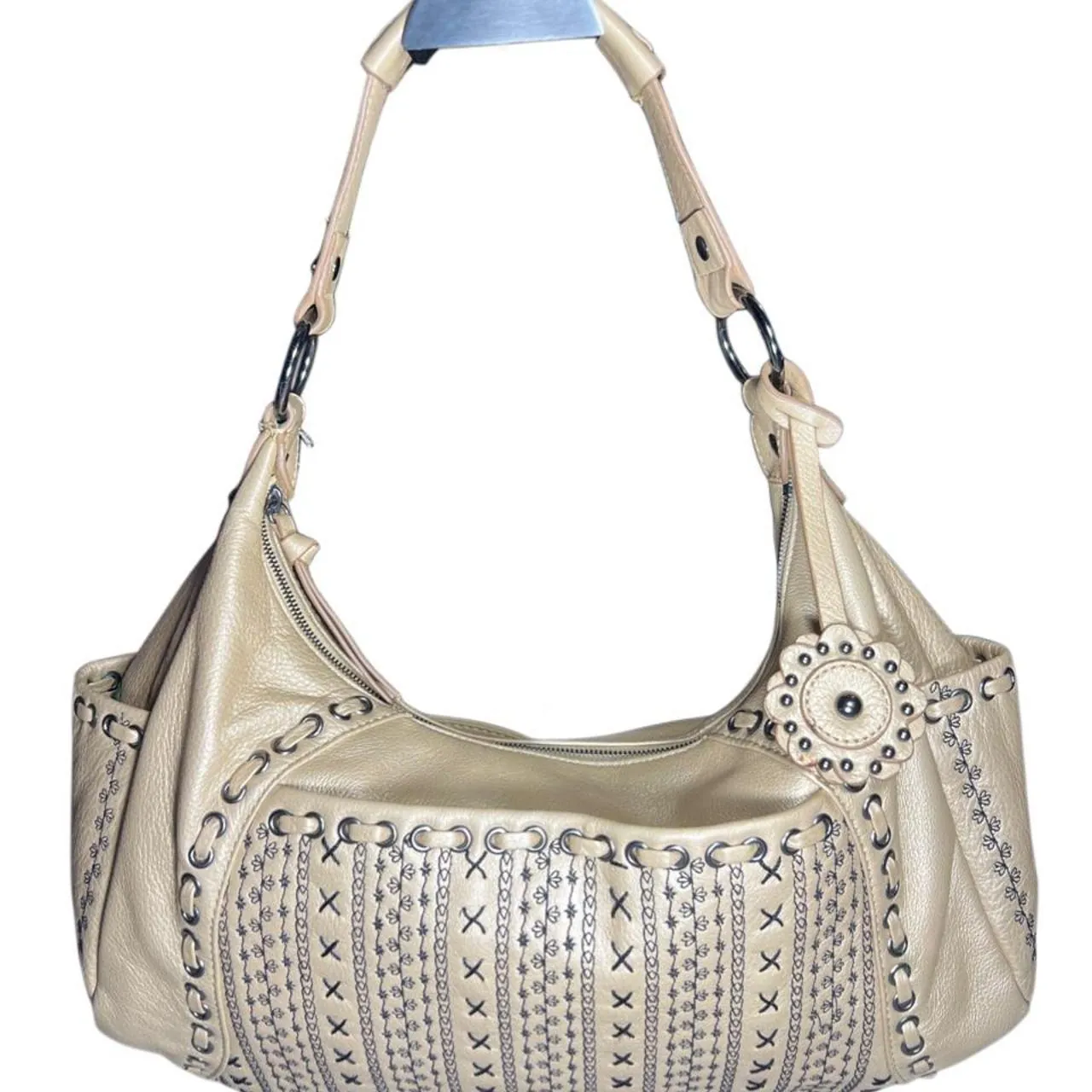 Isabella Fiore Beige Embroidered Leather Hobo Bag, photo 1 of 8