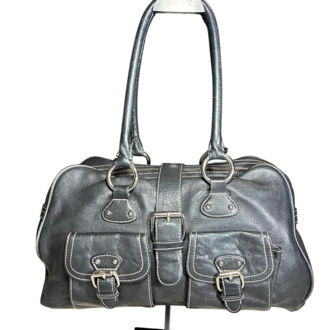 The Limited Black Leather Satchel with Buckles and Silver Hardware, photo 1 of 5