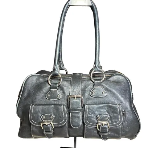 The Limited Black Leather Satchel with Buckles and Silver Hardware