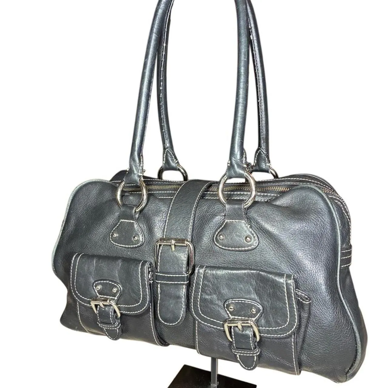 The Limited Black Leather Satchel with Buckles and Silver Hardware, photo 2 of 5